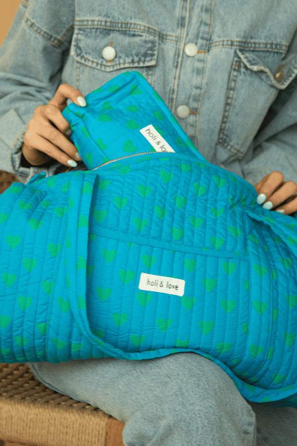 Sac weekend de voyage, sac à langer de maternité, couleur bleu Hawaii motif cœurs verts, accessoire de mode ethique en coton bio mixte unisexe