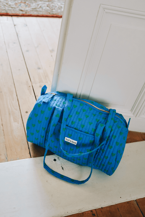 Sac weekend de voyage, sac à langer de maternité, couleur bleu Hawaii motif cœurs verts, accessoire de mode ethique en coton bio mixte unisexe